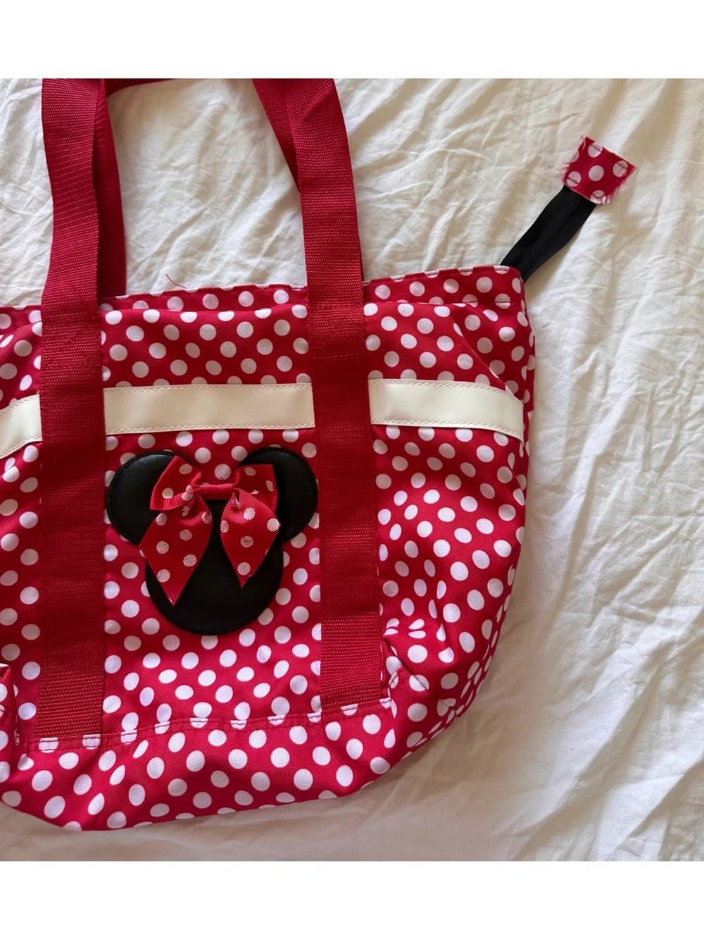 Disney Red and White Polka Dot Minnie Tote Bag with Black Bow Accent